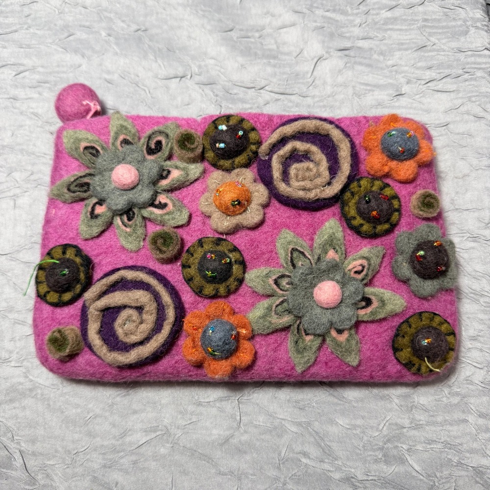 Rising Tide Pink Felted Wool Floral 8x5" Pouch Handmade Beaded Applique Zip Bag